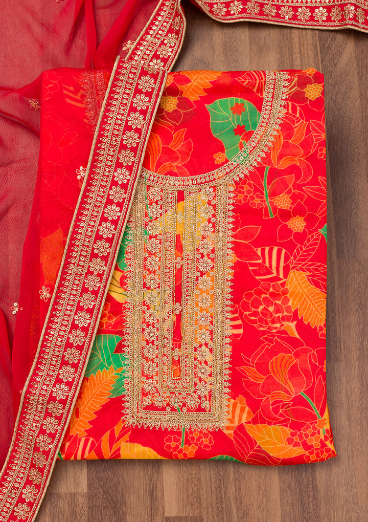 Red Printed Chiffon Unstitched Salwar Suit