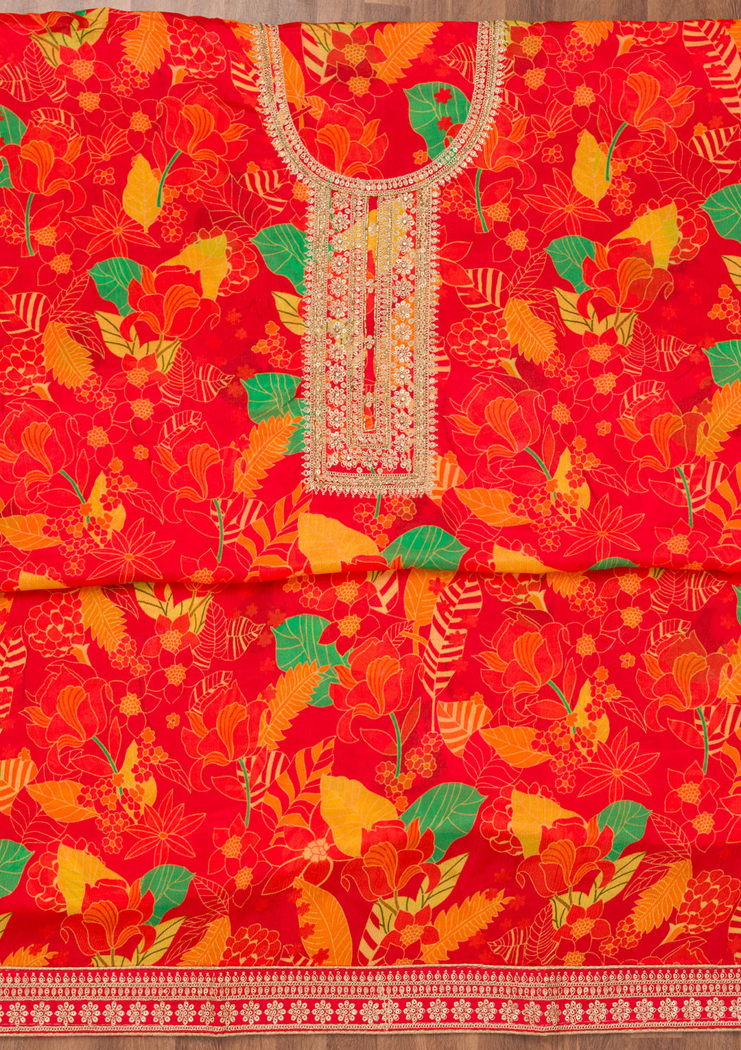 Red Printed Chiffon Unstitched Salwar Suit