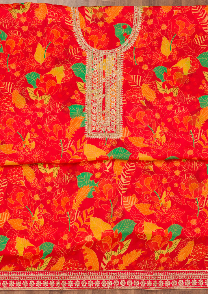 Red Printed Chiffon Unstitched Salwar Suit