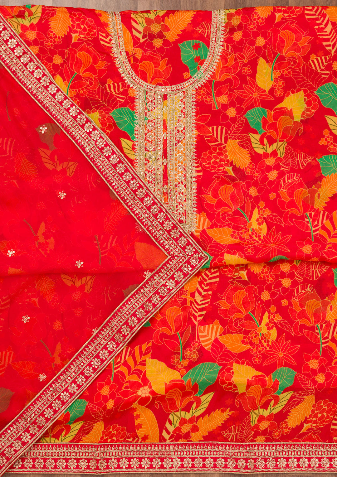 Red Printed Chiffon Unstitched Salwar Suit
