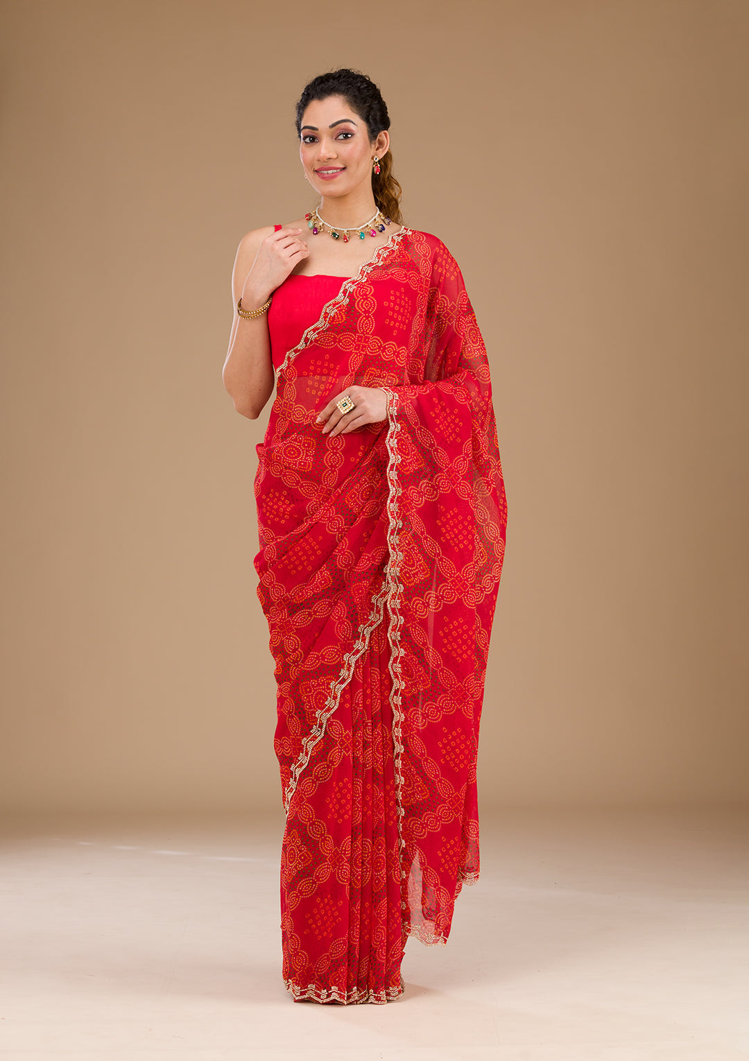 Red Printed Georgette Saree-Koskii