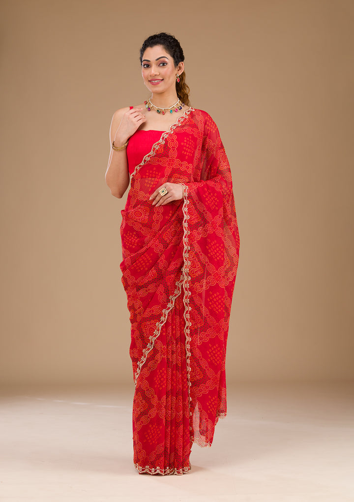 Red Printed Georgette Saree-Koskii