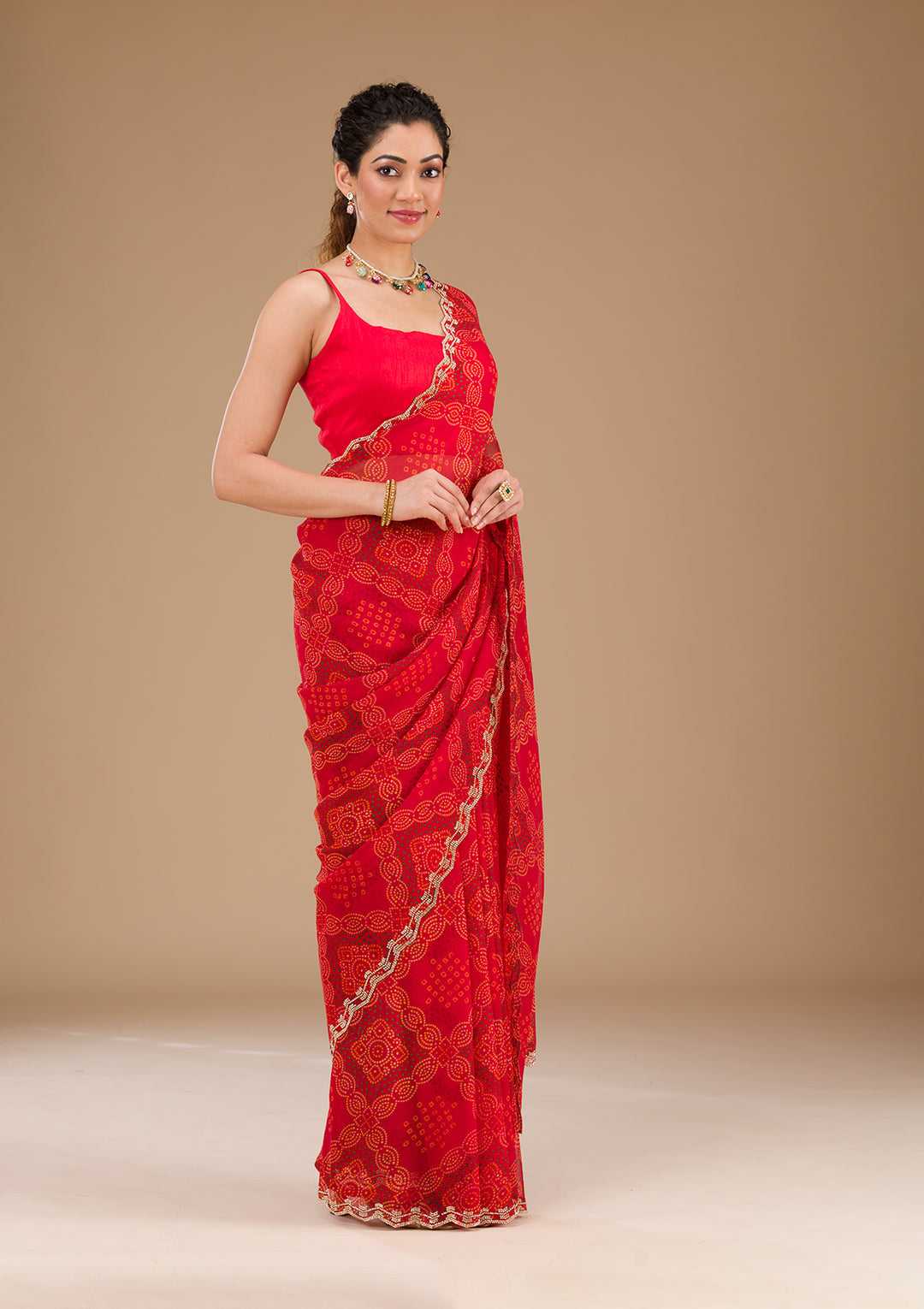 Red Printed Georgette Saree-Koskii