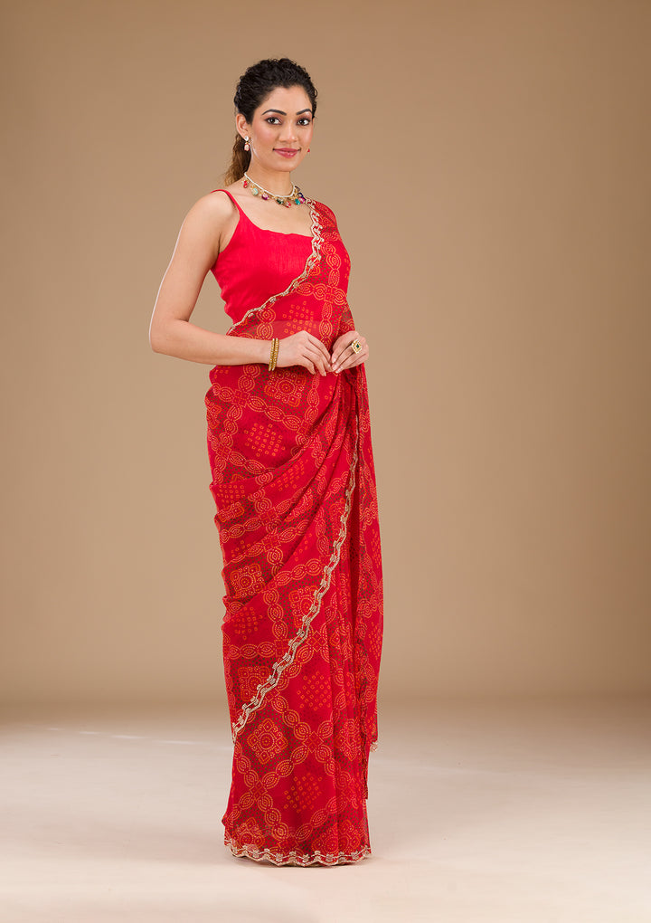 Red Printed Georgette Saree-Koskii