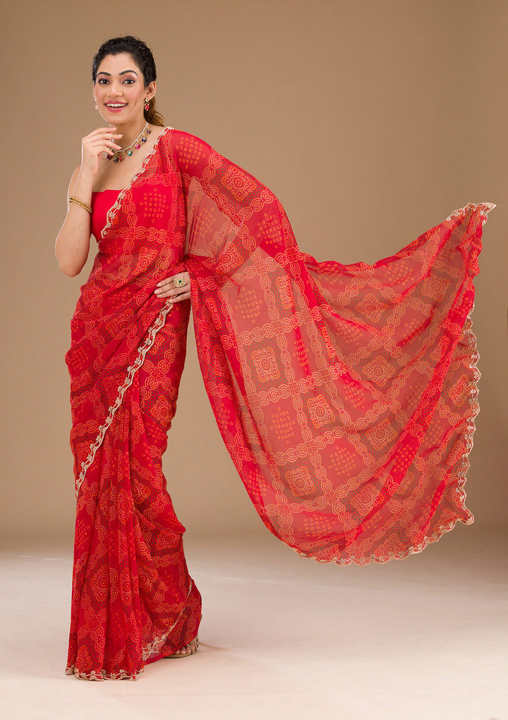 Red Printed Georgette Saree-Koskii