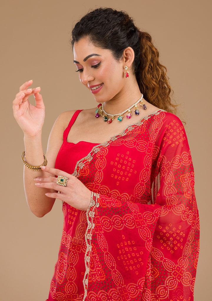 Red Printed Georgette Saree-Koskii