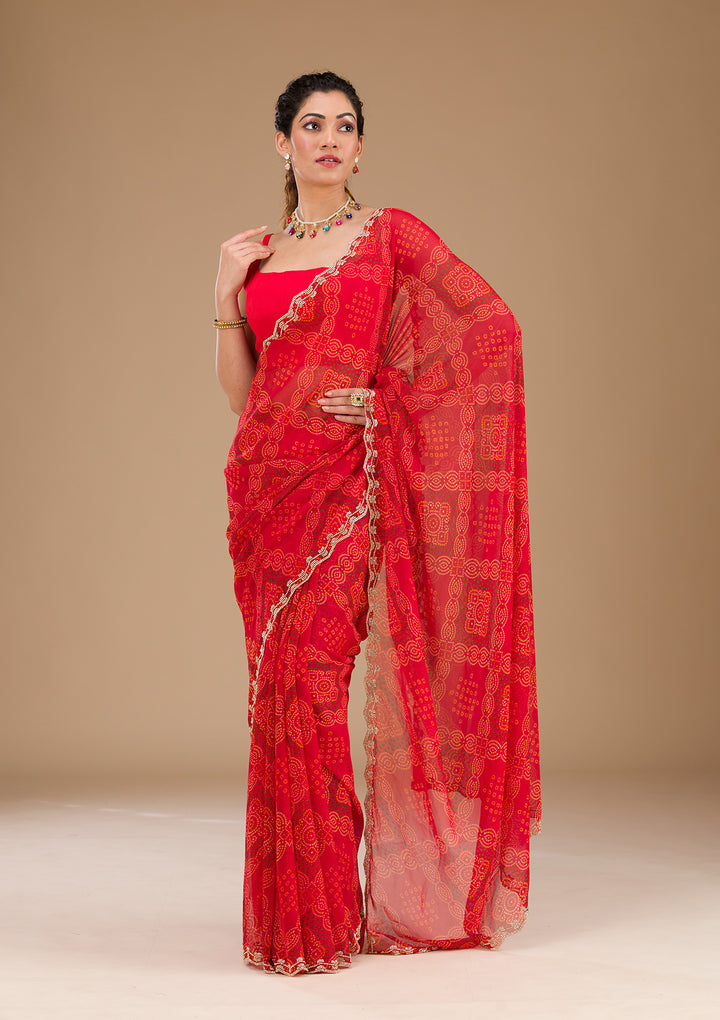 Red Printed Georgette Saree-Koskii