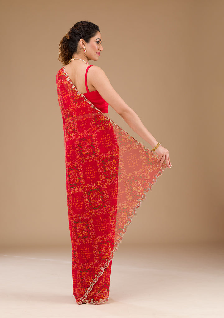 Red Printed Georgette Saree-Koskii