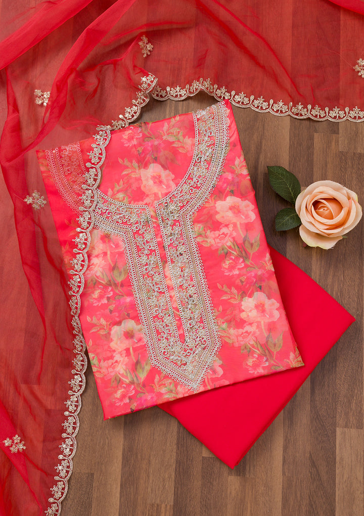Red Printed Organza Unstitched Salwar Suit