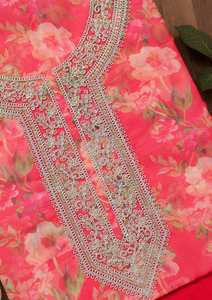 Red Printed Organza Unstitched Salwar Suit