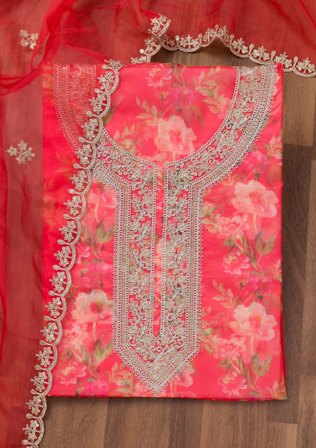 Red Printed Organza Unstitched Salwar Suit