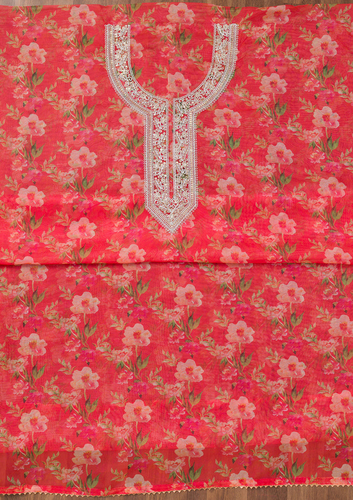 Red Printed Organza Unstitched Salwar Suit