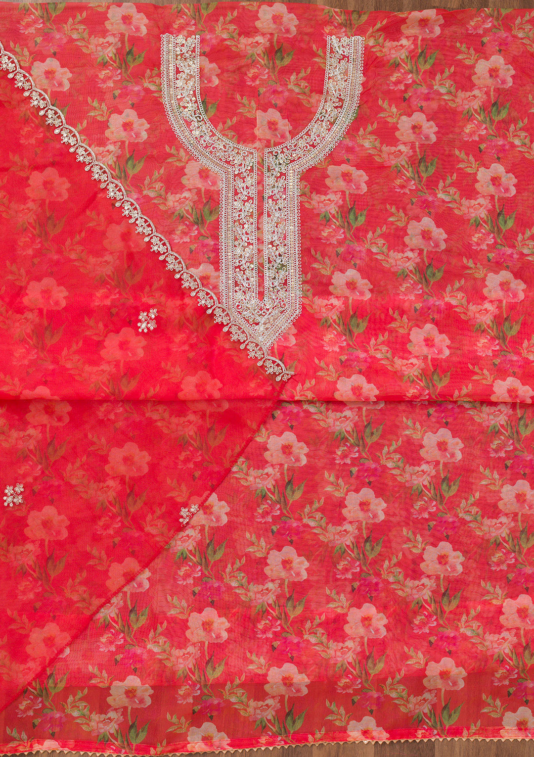 Red Printed Organza Unstitched Salwar Suit