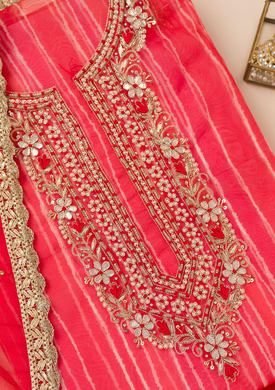 Red Printed Organza Unstitched Salwar Suit