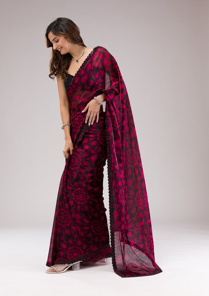Red Printed Organza Saree