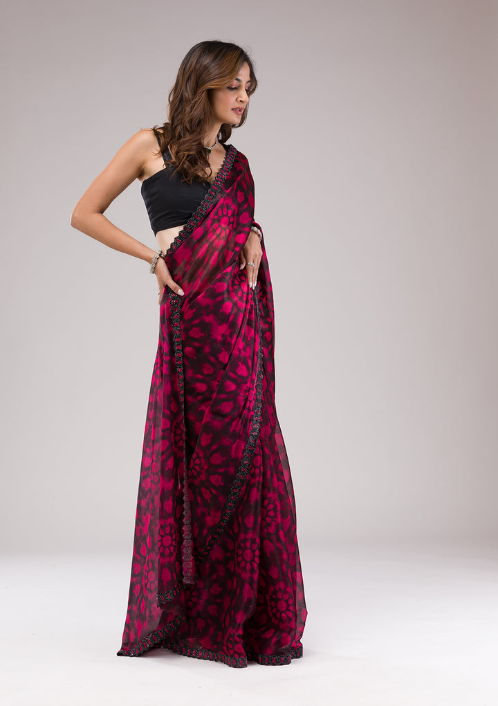 Red Printed Organza Saree