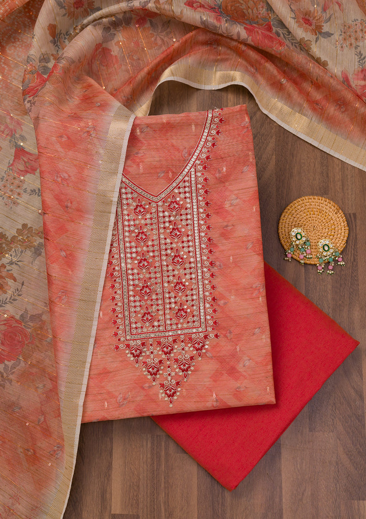 Red Printed Raw Silk Unstitched Salwar Suit