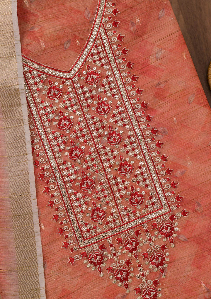 Red Printed Raw Silk Unstitched Salwar Suit
