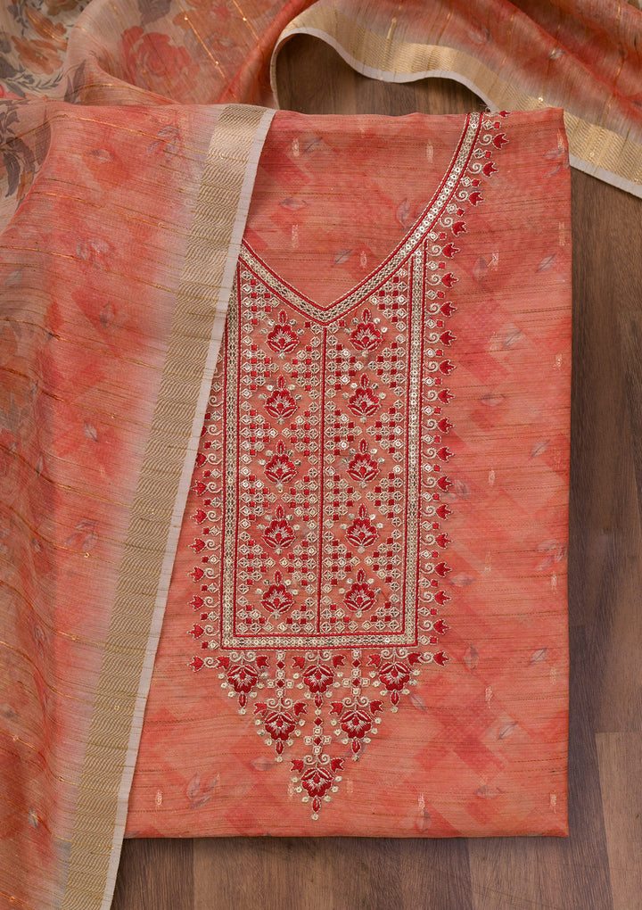 Red Printed Raw Silk Unstitched Salwar Suit