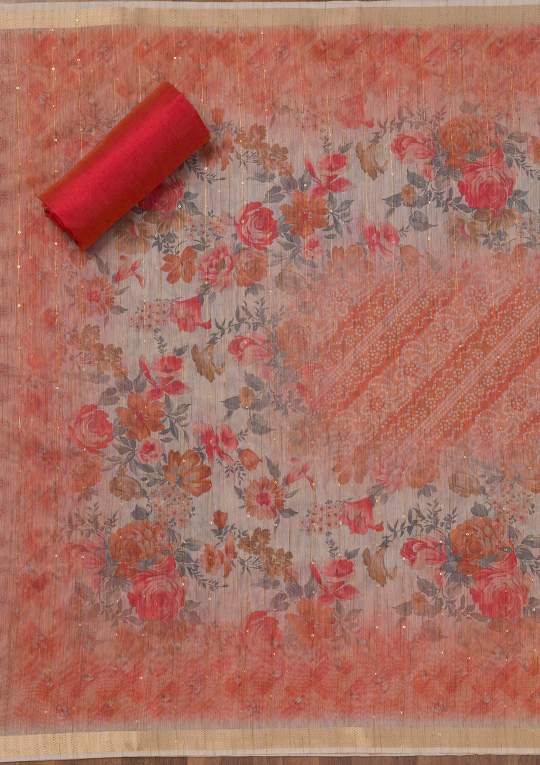 Red Printed Raw Silk Unstitched Salwar Suit