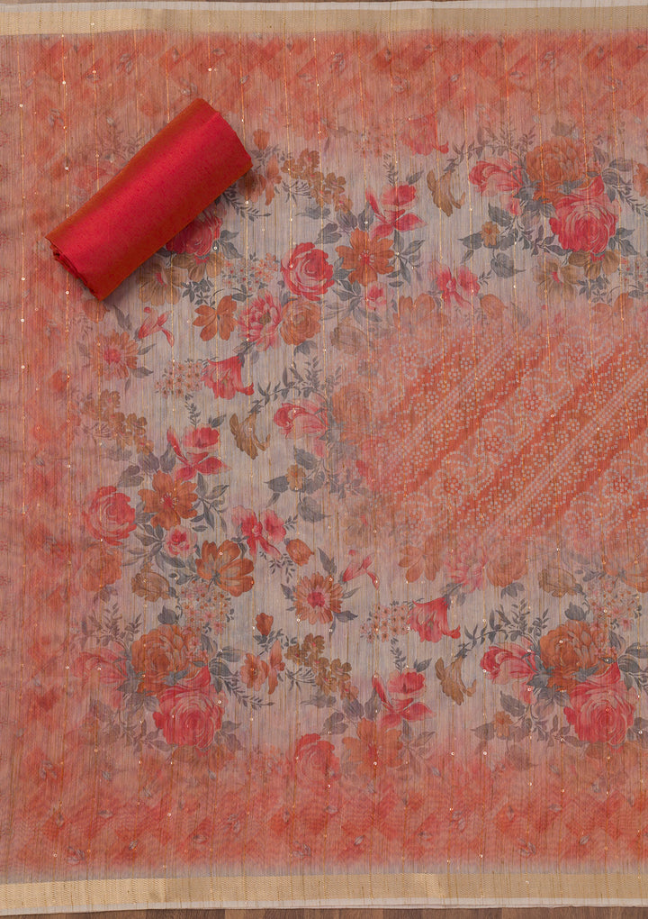 Red Printed Raw Silk Unstitched Salwar Suit