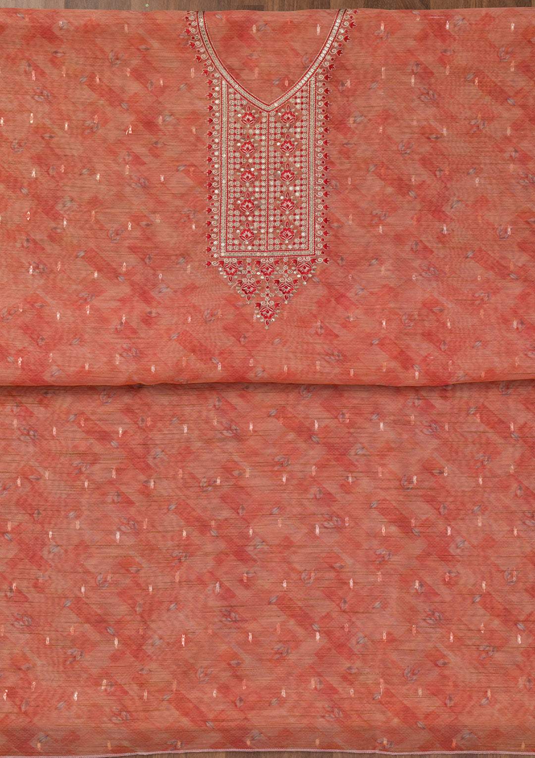 Red Printed Raw Silk Unstitched Salwar Suit