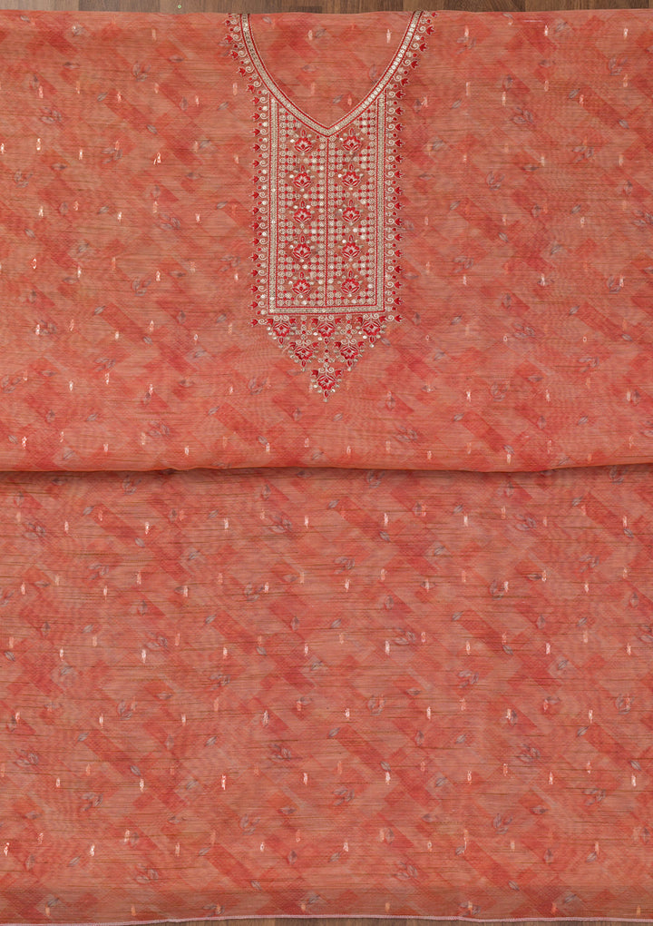 Red Printed Raw Silk Unstitched Salwar Suit