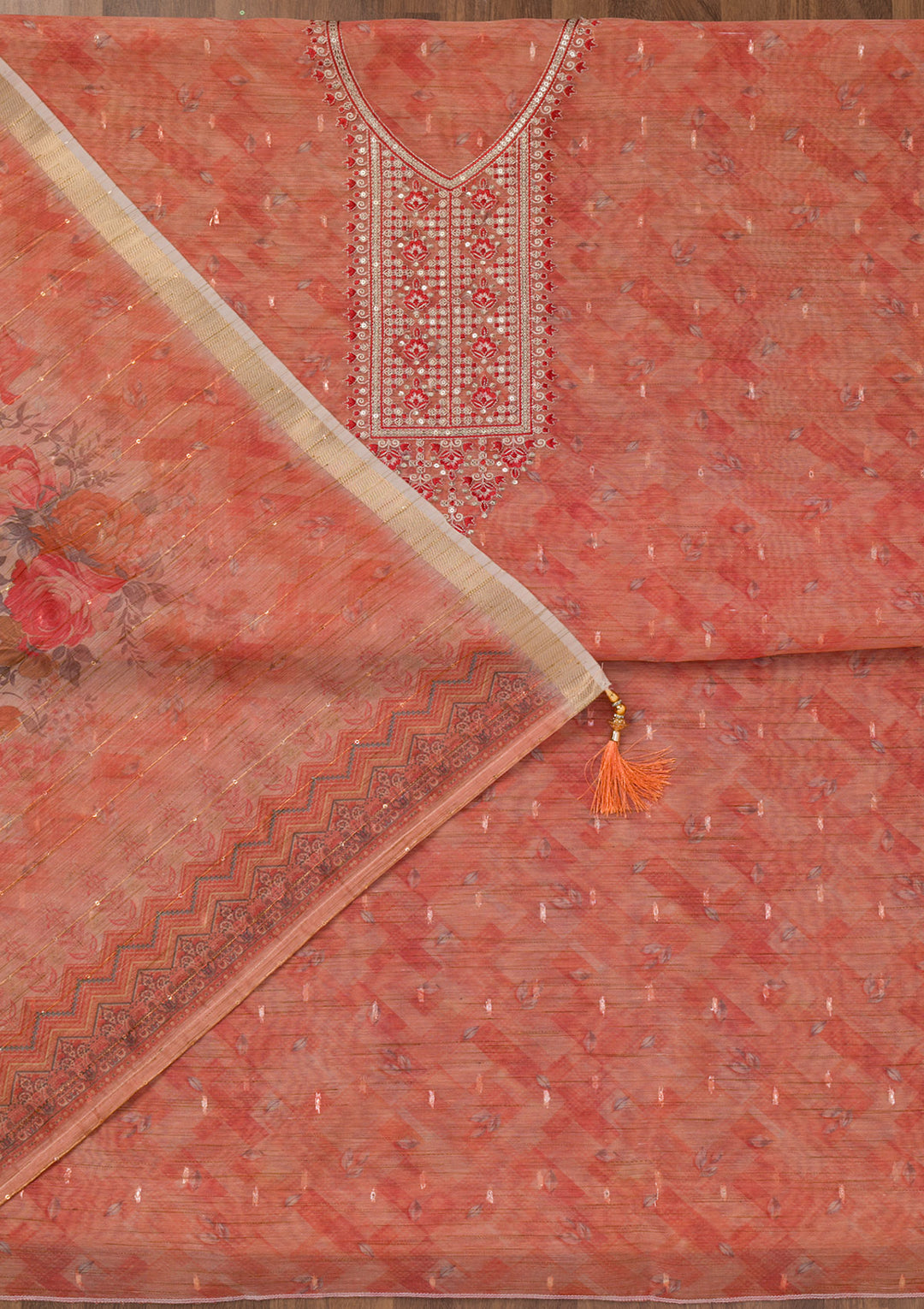 Red Printed Raw Silk Unstitched Salwar Suit