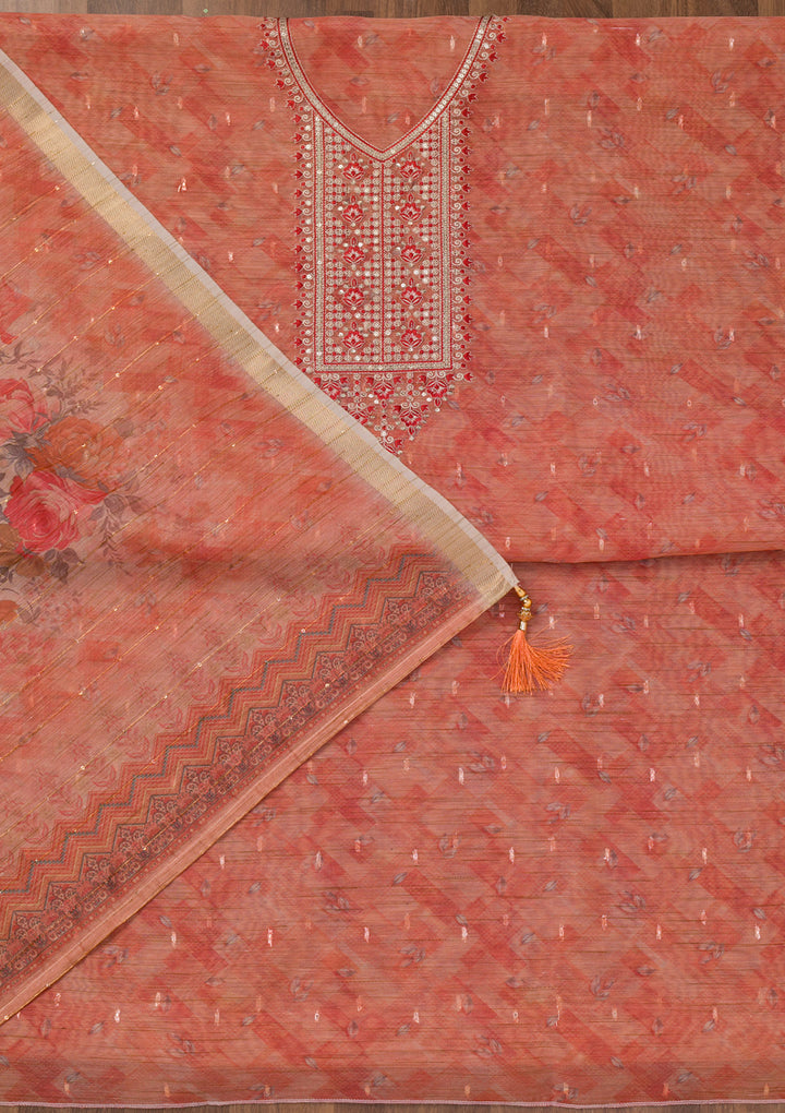 Red Printed Raw Silk Unstitched Salwar Suit