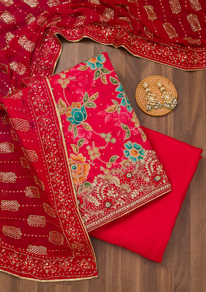 Red Printed Semi Crepe Unstitched Salwar Suit