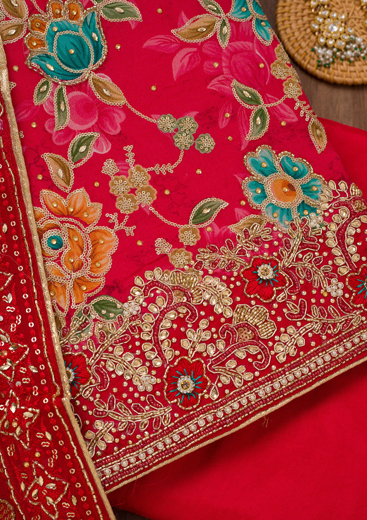 Red Printed Semi Crepe Unstitched Salwar Suit