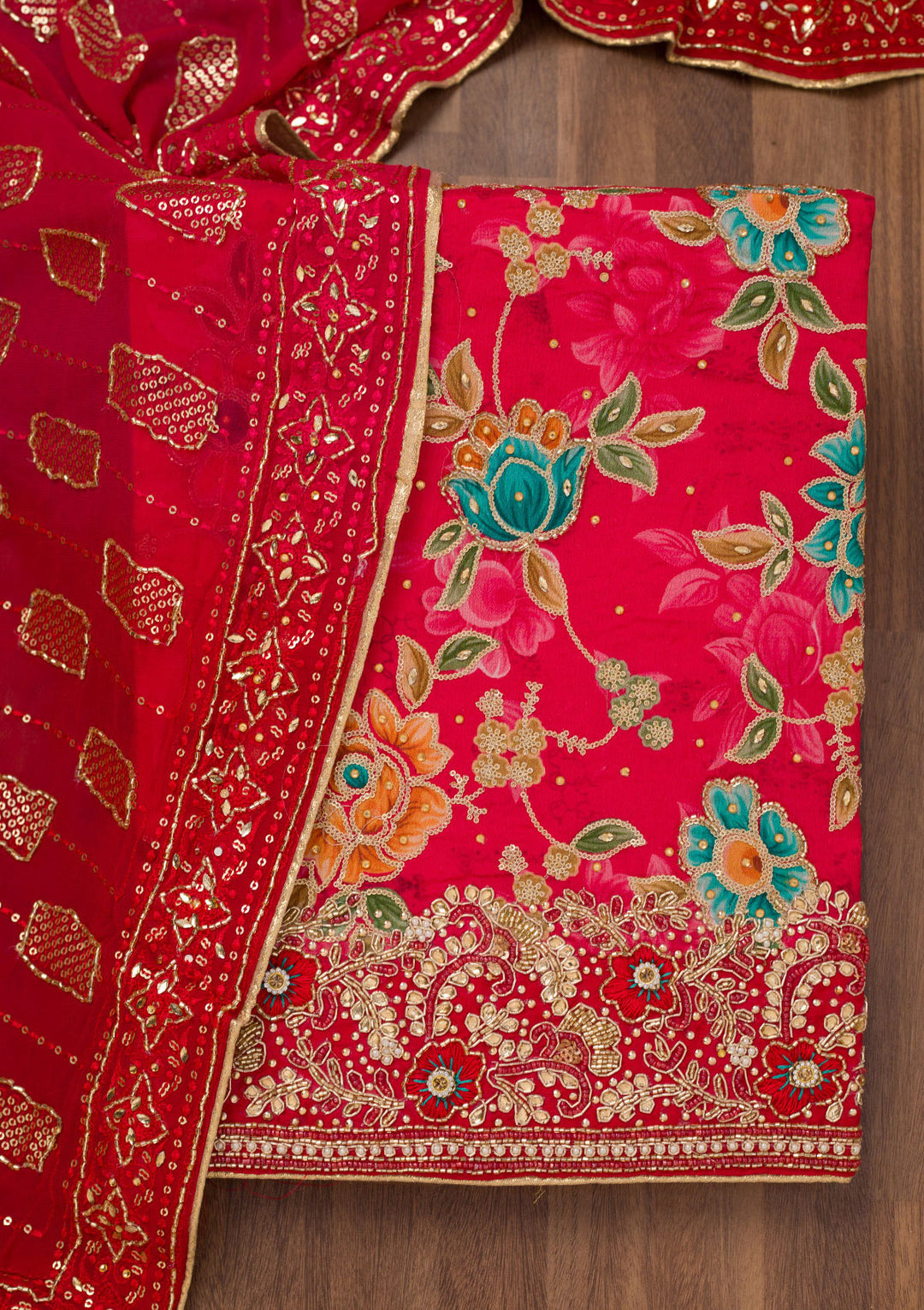 Red Printed Semi Crepe Unstitched Salwar Suit