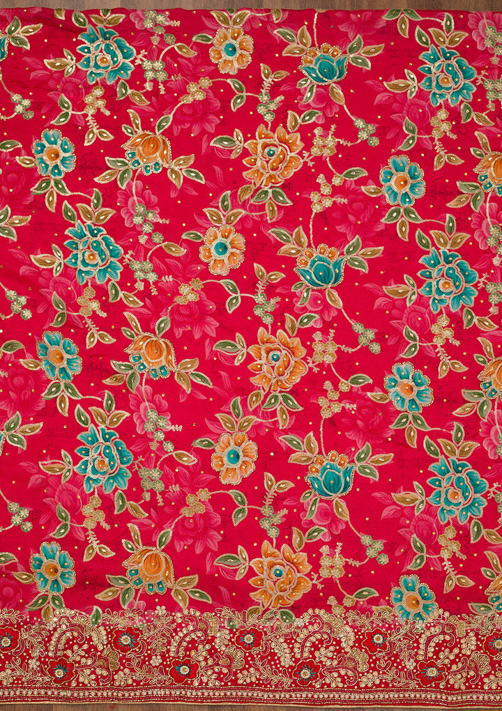 Red Printed Semi Crepe Unstitched Salwar Suit