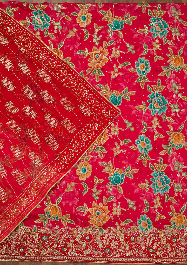 Red Printed Semi Crepe Unstitched Salwar Suit