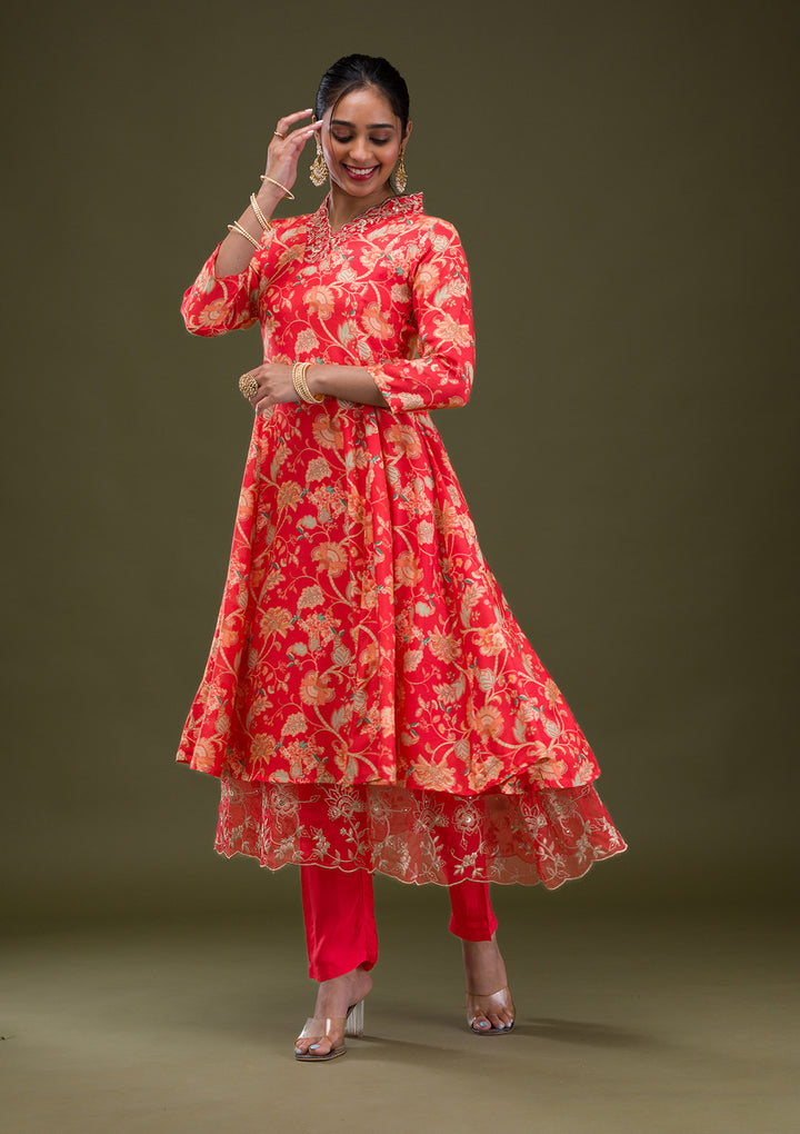Red Printed Semi Crepe Readymade Salwar Suit