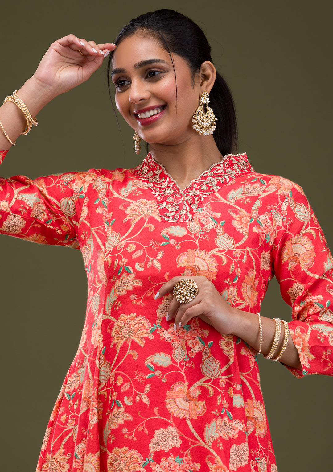 Red Printed Semi Crepe Readymade Salwar Suit