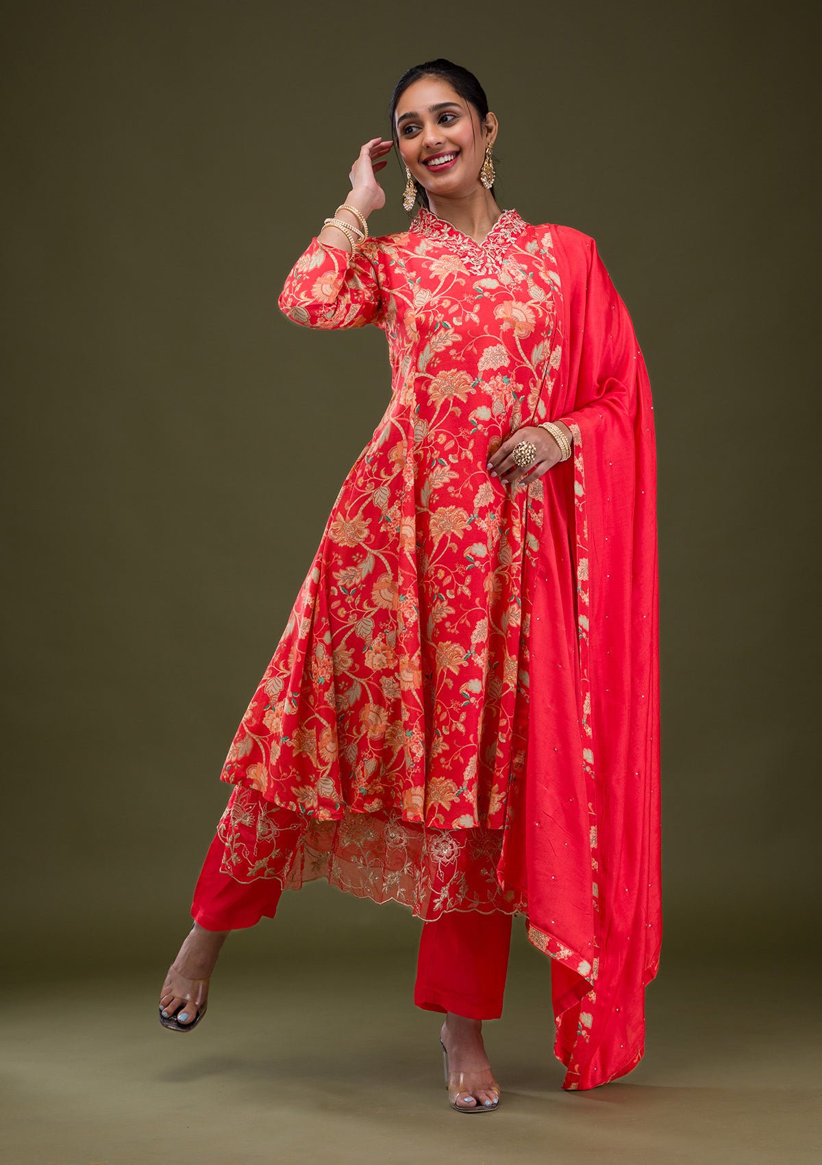 Red Printed Semi Crepe Readymade Salwar Suit
