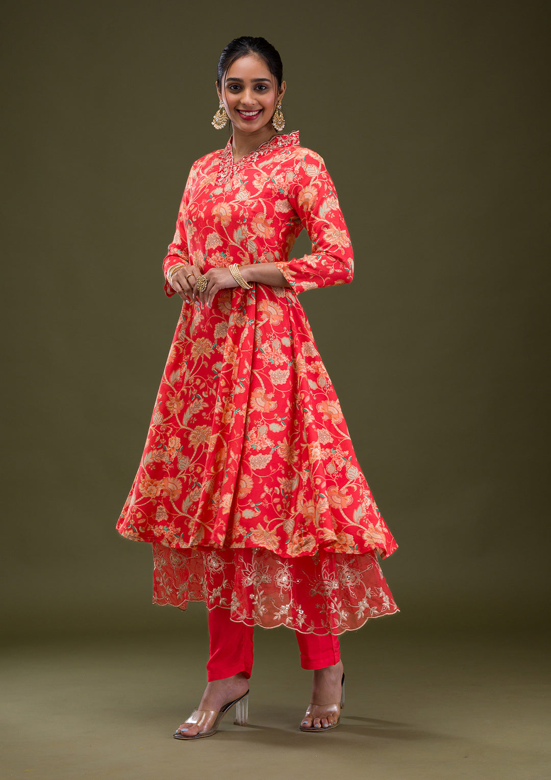 Red Printed Semi Crepe Readymade Salwar Suit