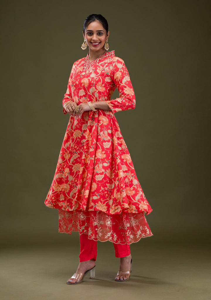 Red Printed Semi Crepe Readymade Salwar Suit