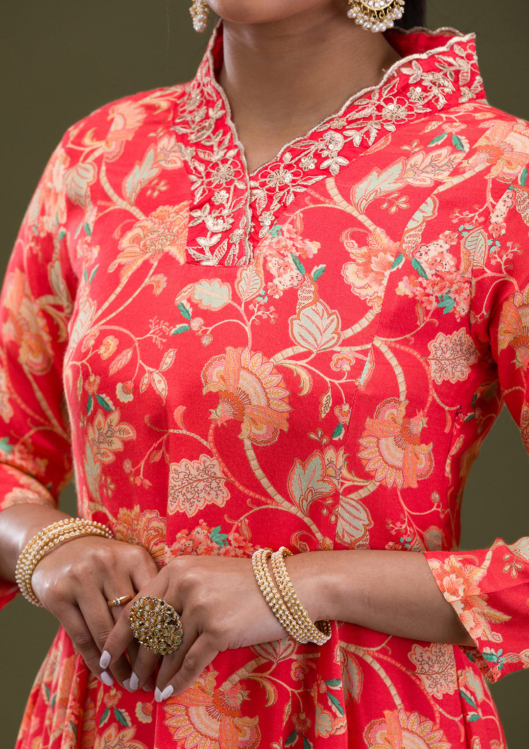 Red Printed Semi Crepe Readymade Salwar Suit