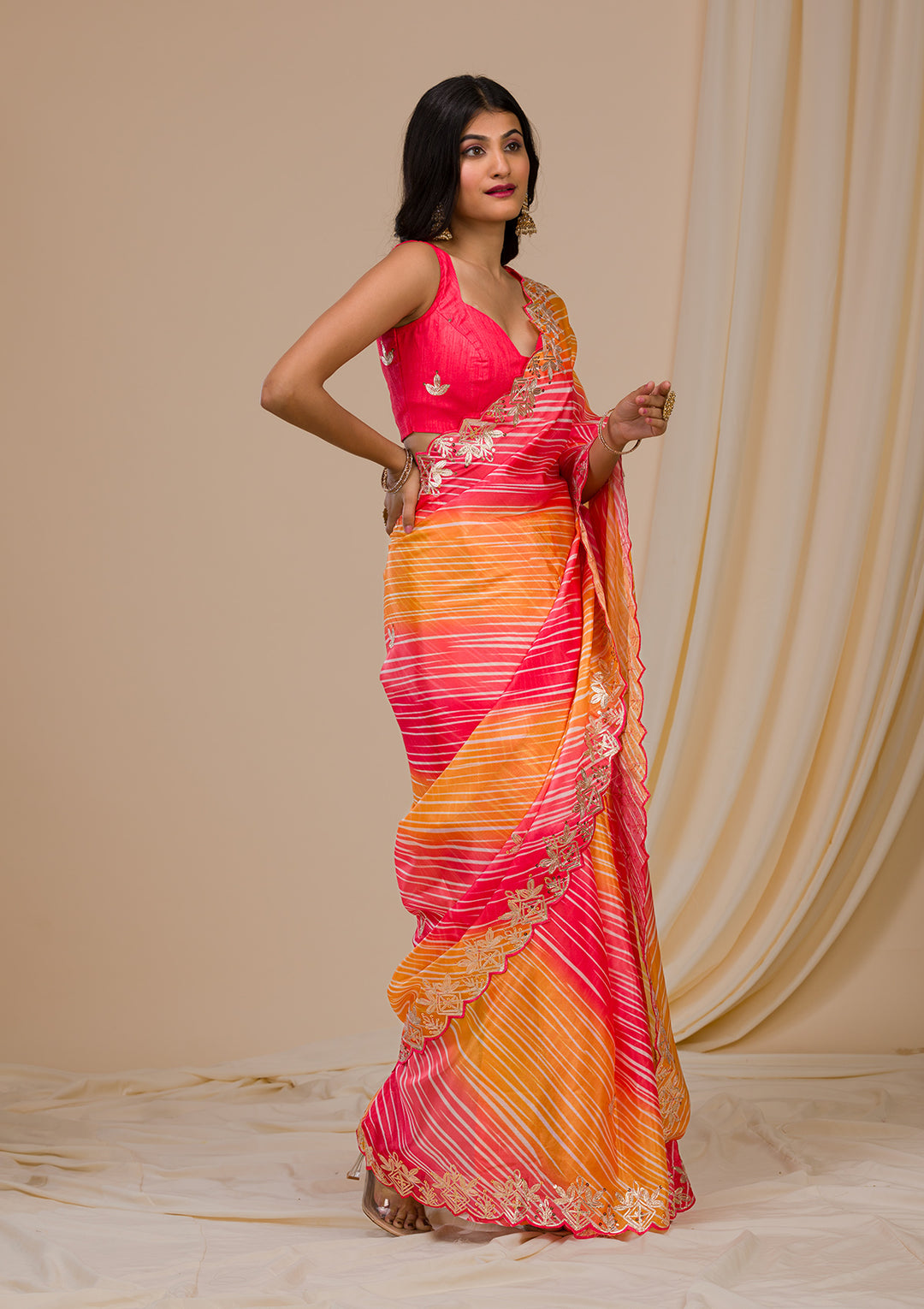 Red Printed Semi Crepe Saree