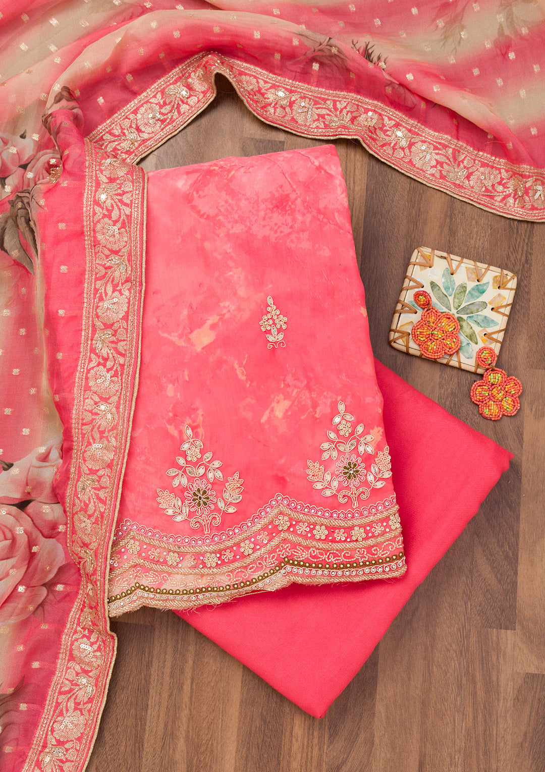 Red Printed Tissue Unstitched Salwar Suit