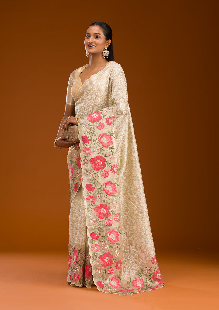 Red Printed Tissue Saree