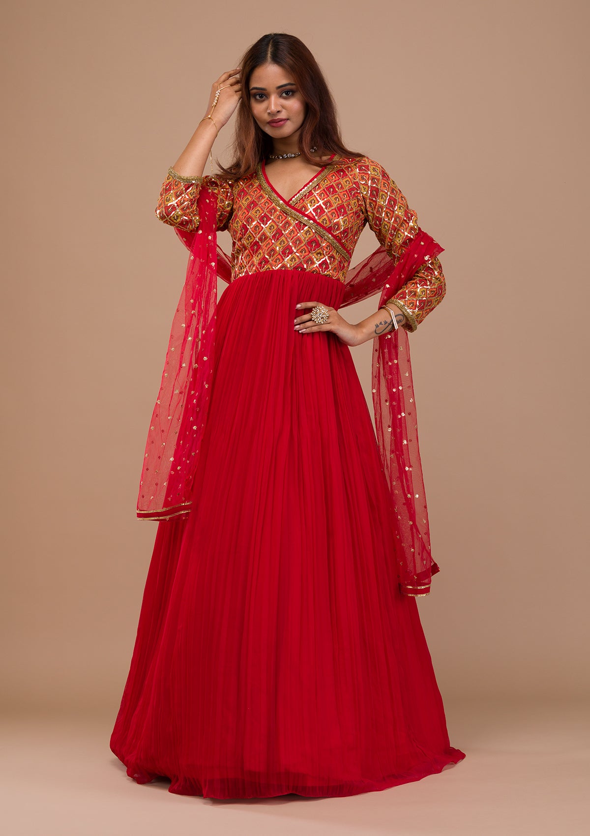 Red Sequins Georgette Readymade  Anarkali Suit