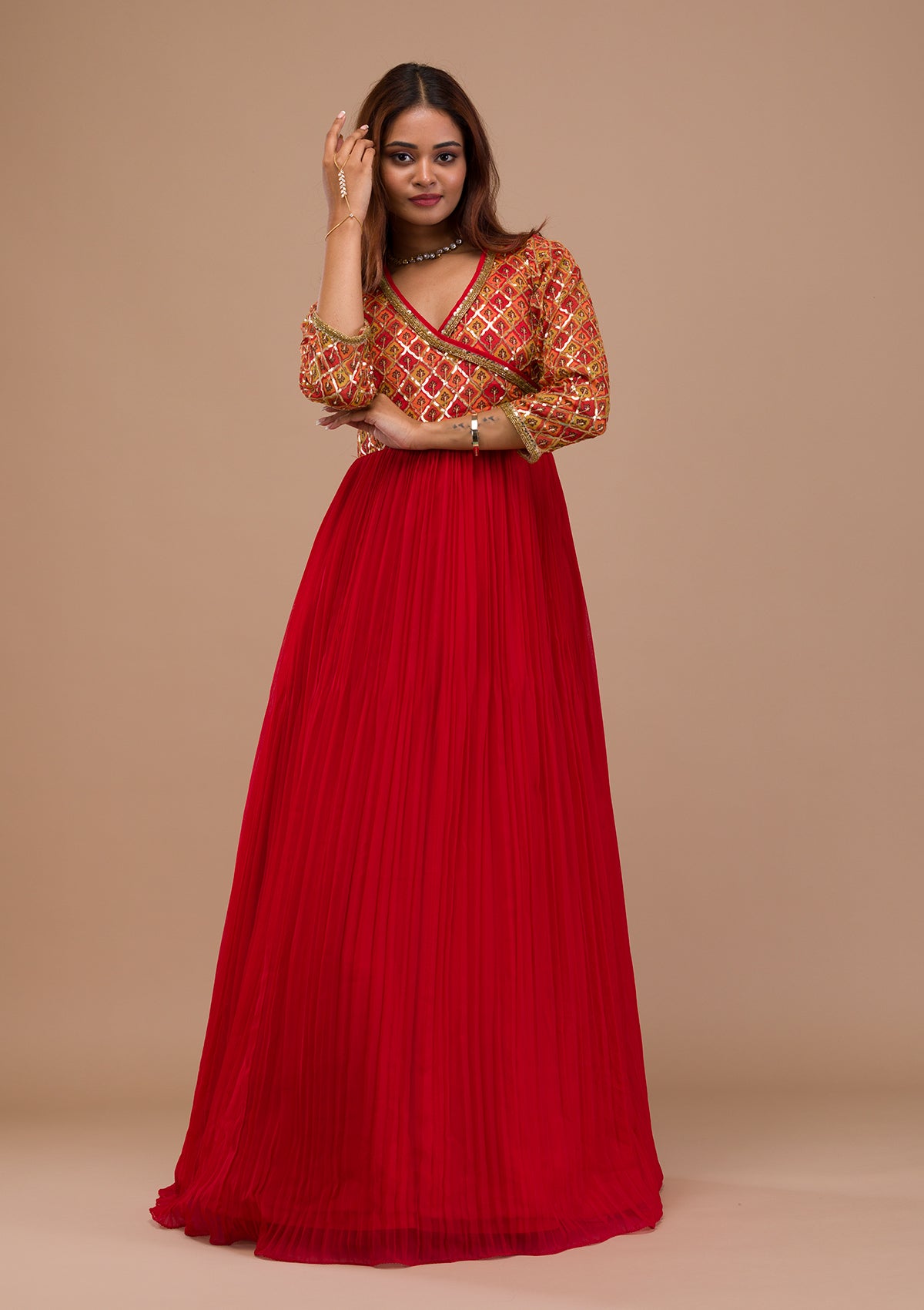 Red Sequins Georgette Readymade  Anarkali Suit