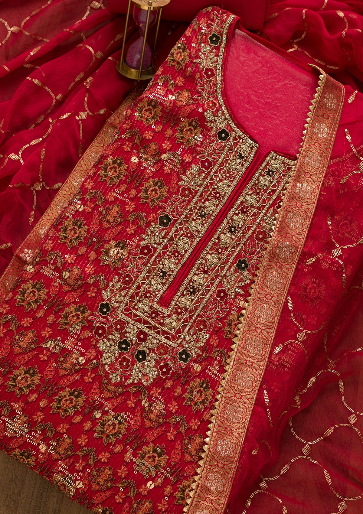 Red Sequins Georgette Unstitched Salwar Suit