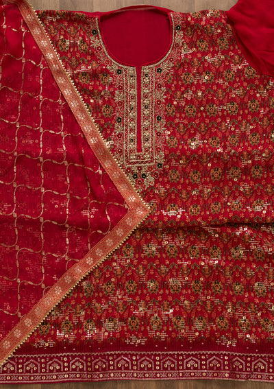Red Sequins Georgette Unstitched Salwar Suit