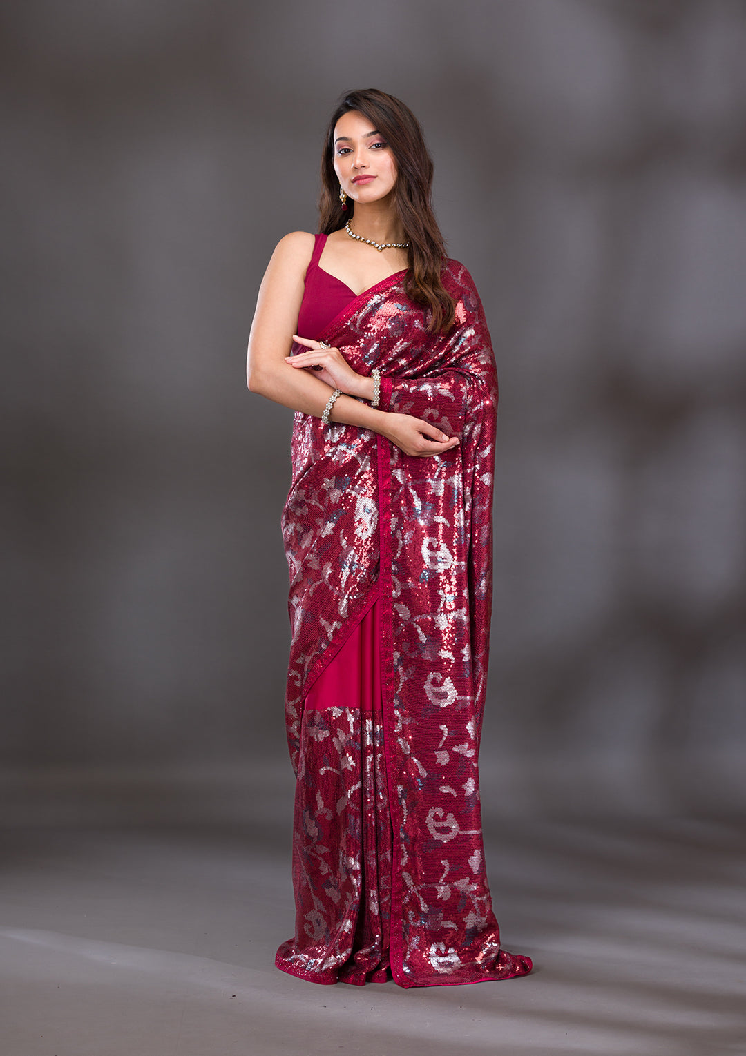 Red Sequins Georgette Saree