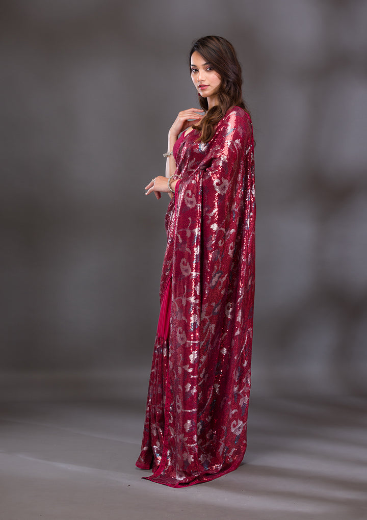 Red Sequins Georgette Saree