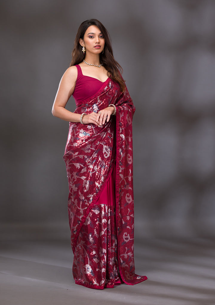 Red Sequins Georgette Saree